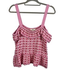 Entro New Pink Red Plaid Crochet Knit Ruffle Crop Top Large Cotton Boho Kidscore